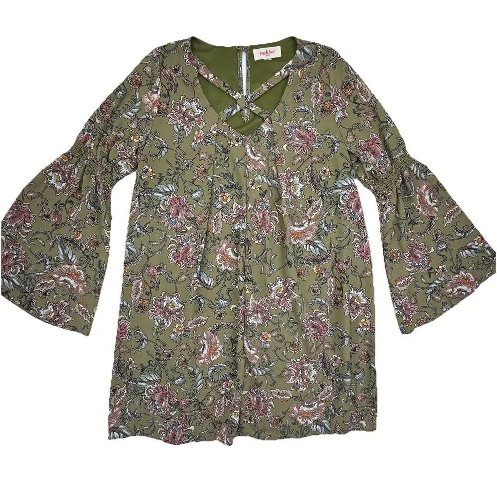 Peach Love Green Floral Boho Bell Sleeve Tunic Dress Small